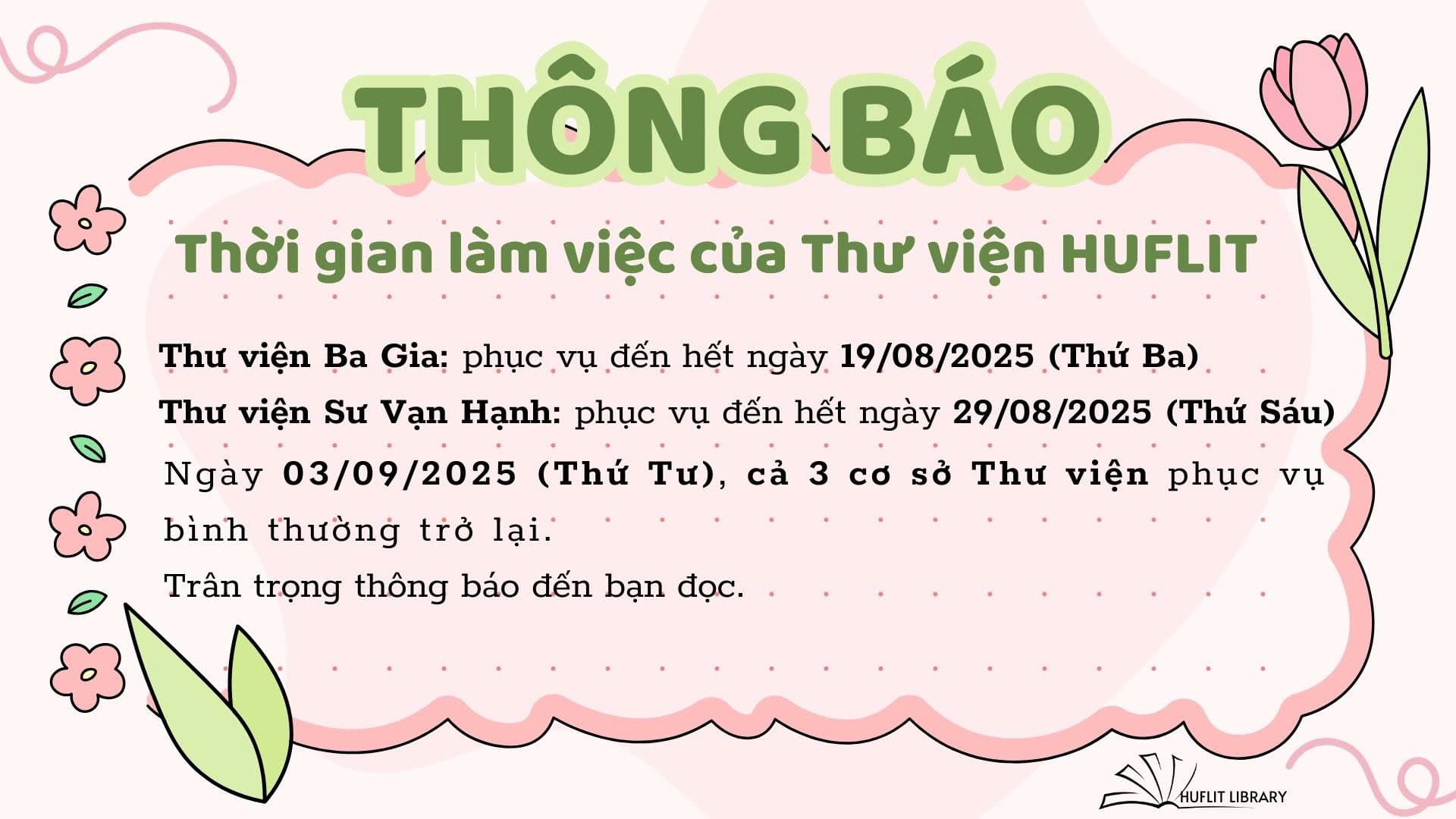 Thời gian hoạt động Thư viện ngày 19/8/2025 đến 29/8/2025