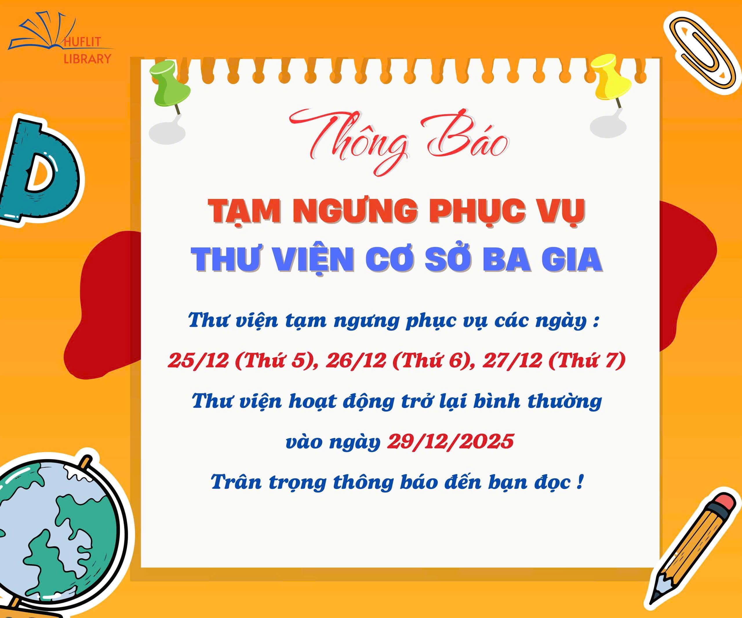 Thư viện Ba Gia tạm ngưng phục vụ ngày 25/12 - 27/12/2025