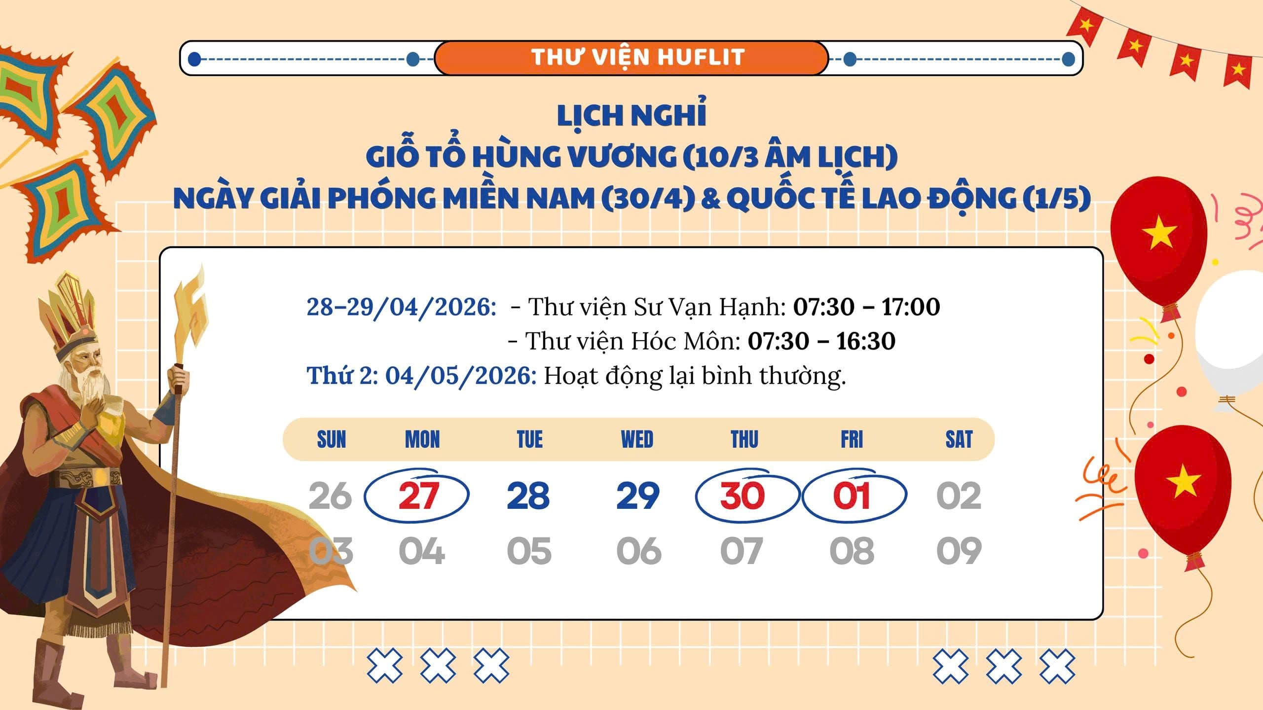 Lịch nghỉ lễ mùng 10/3; 30/4, 01/5